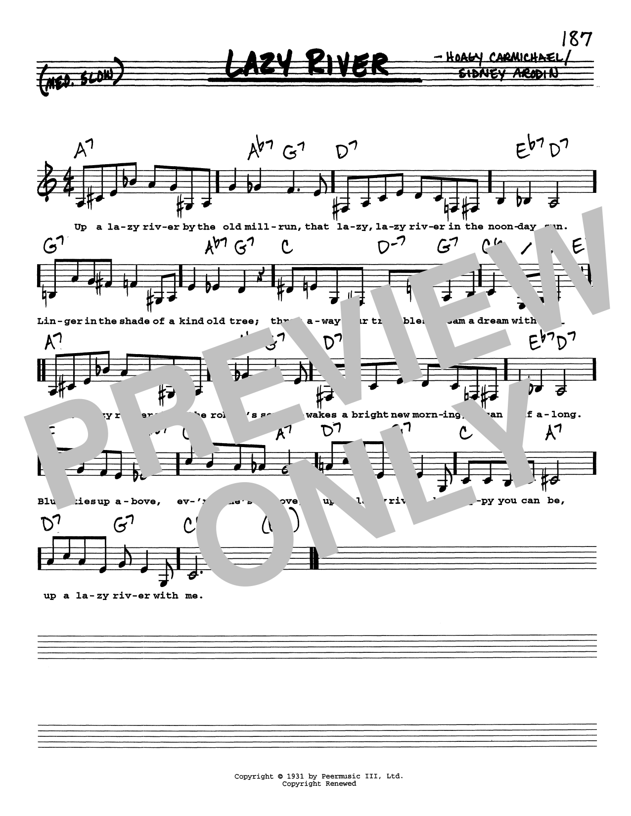 Hoagy Carmichael Lazy River (Low Voice) Sheet Music Notes & Chords for Real Book – Melody, Lyrics & Chords - Download or Print PDF