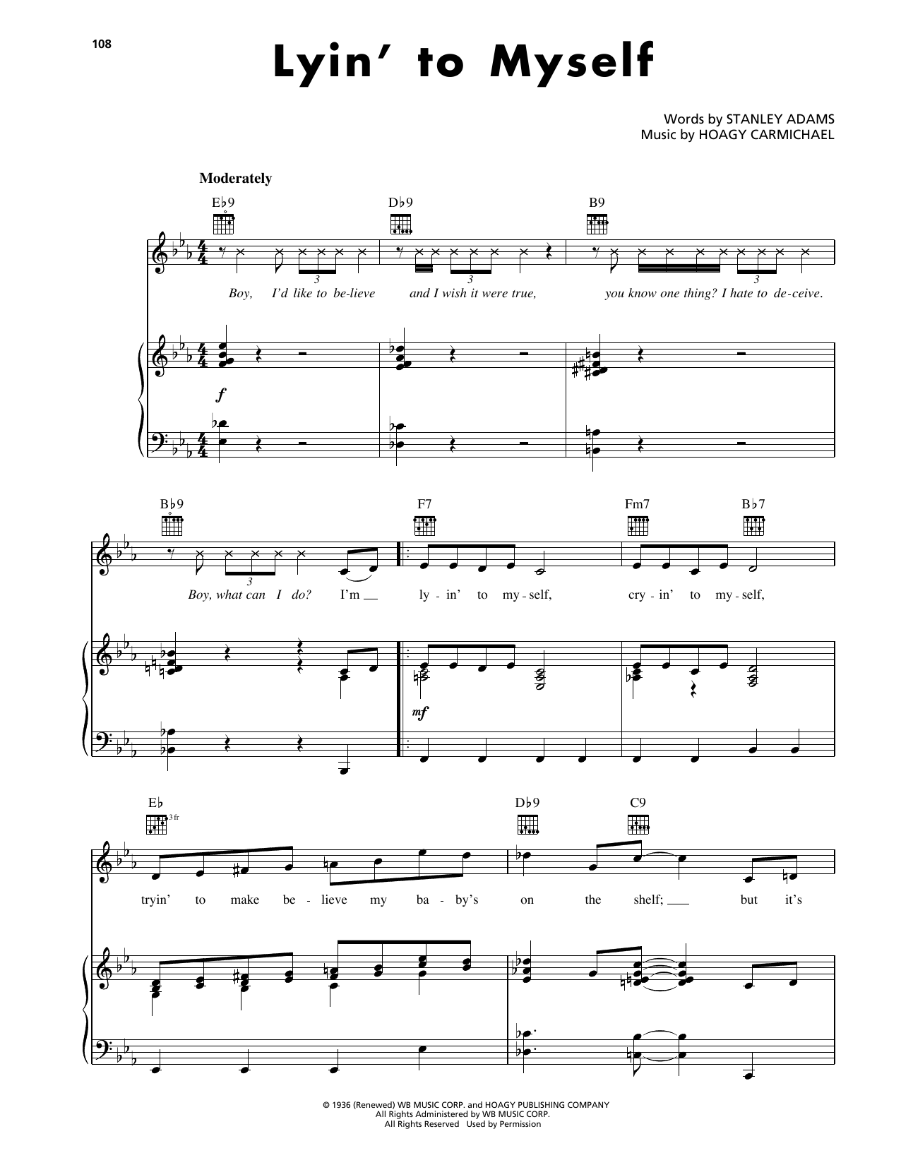 Hoagy Carmichael Lyin' To Myself Sheet Music Notes & Chords for Piano, Vocal & Guitar Chords (Right-Hand Melody) - Download or Print PDF