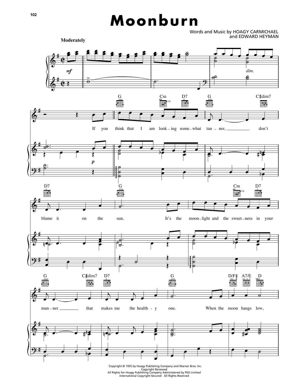 Hoagy Carmichael Moonburn Sheet Music Notes & Chords for Piano, Vocal & Guitar Chords (Right-Hand Melody) - Download or Print PDF