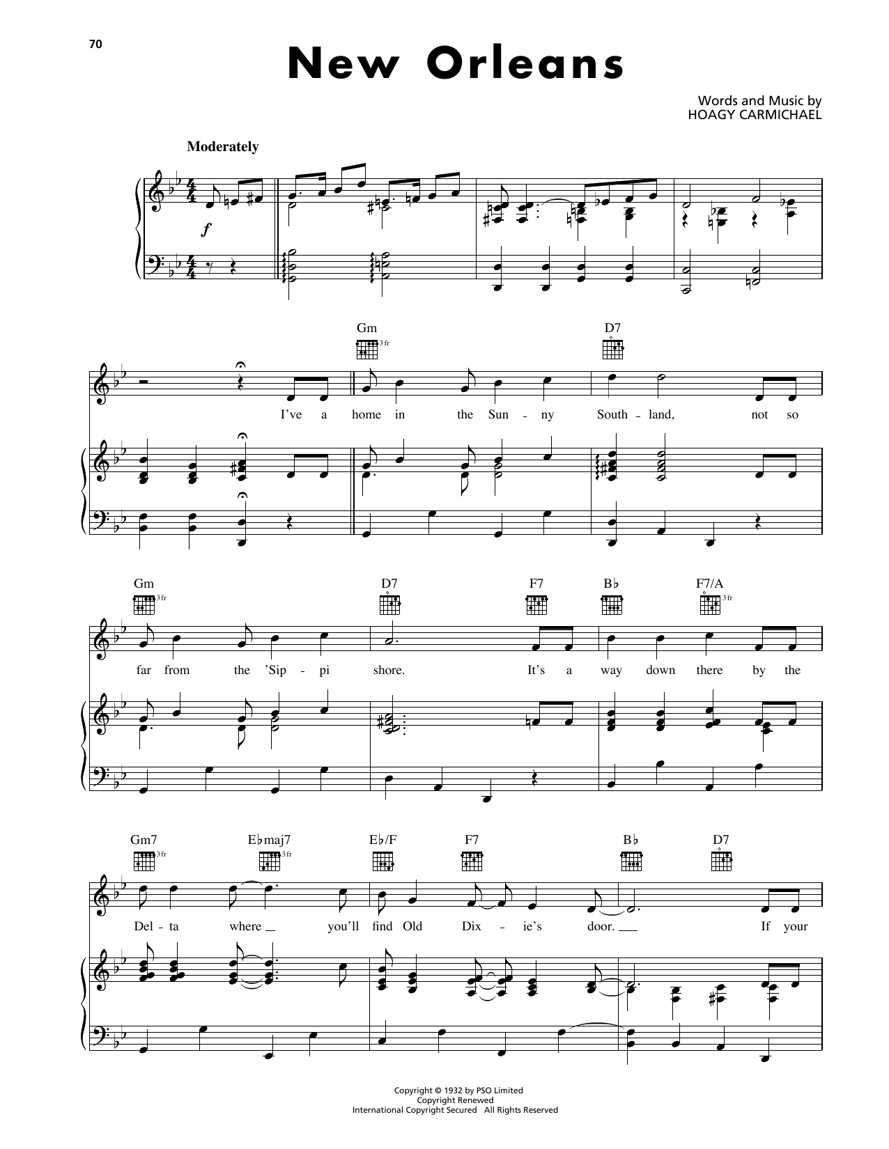 Hoagy Carmichael New Orleans Sheet Music Notes & Chords for Piano, Vocal & Guitar Chords (Right-Hand Melody) - Download or Print PDF