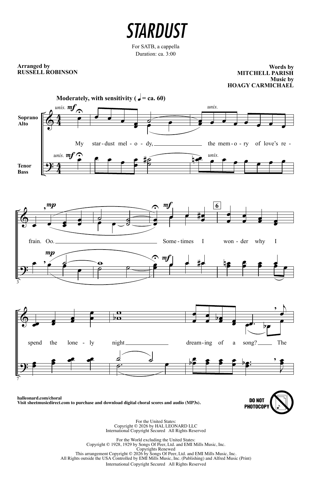 Hoagy Carmichael Stardust (arr. Russell Robinson) Sheet Music Notes & Chords for SATB Choir - Download or Print PDF