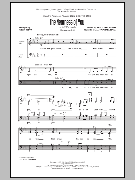 Hoagy Carmichael The Nearness Of You (arr. Kirby Shaw) Sheet Music Notes & Chords for SATB - Download or Print PDF