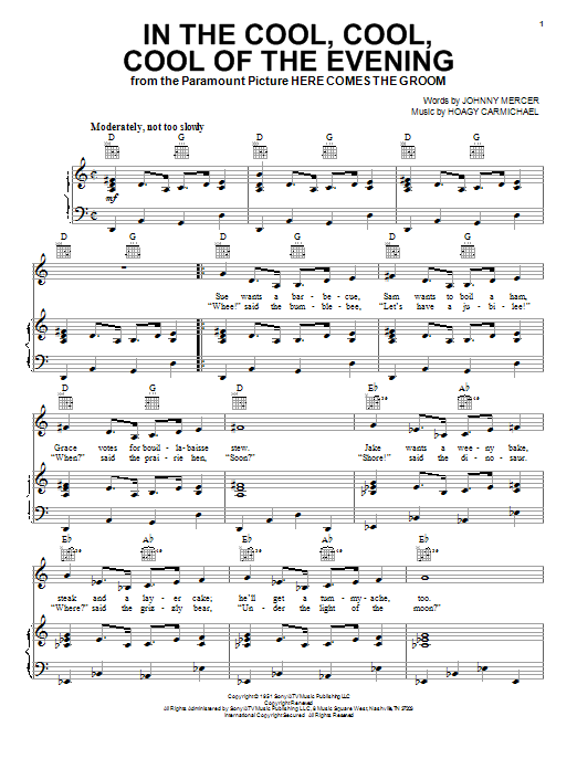 Preview Hoagy Carmichael In The Cool, Cool, Cool Of The Evening Jazz sheet music, notes and chords for Real Book - Melody & Chords - C Instruments, SKU: 60434 In The Cool, Cool, Cool Of The Evening sheet music