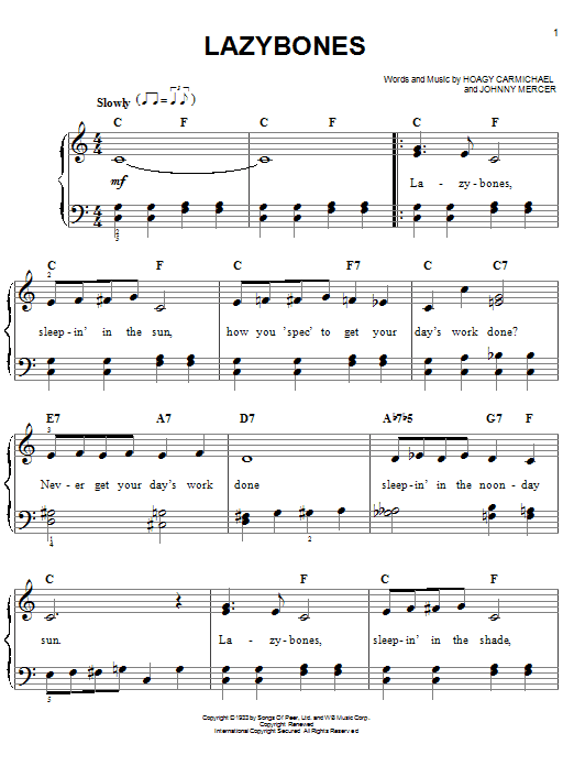 Preview Hoagy Carmichael Lazybones Country sheet music, notes and chords for Piano, Vocal & Guitar (Right-Hand Melody), SKU: 21591 Lazybones sheet music