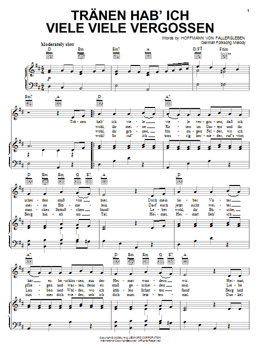 Hoffmann von Fallersleben Tranen Hab'ich Viele Viele Vergossen Sheet Music Notes & Chords for Piano, Vocal & Guitar (Right-Hand Melody) - Download or Print PDF