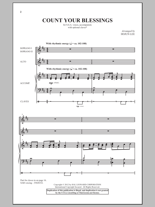 Hojun Lee Count Your Blessings Sheet Music Notes & Chords for SSA - Download or Print PDF