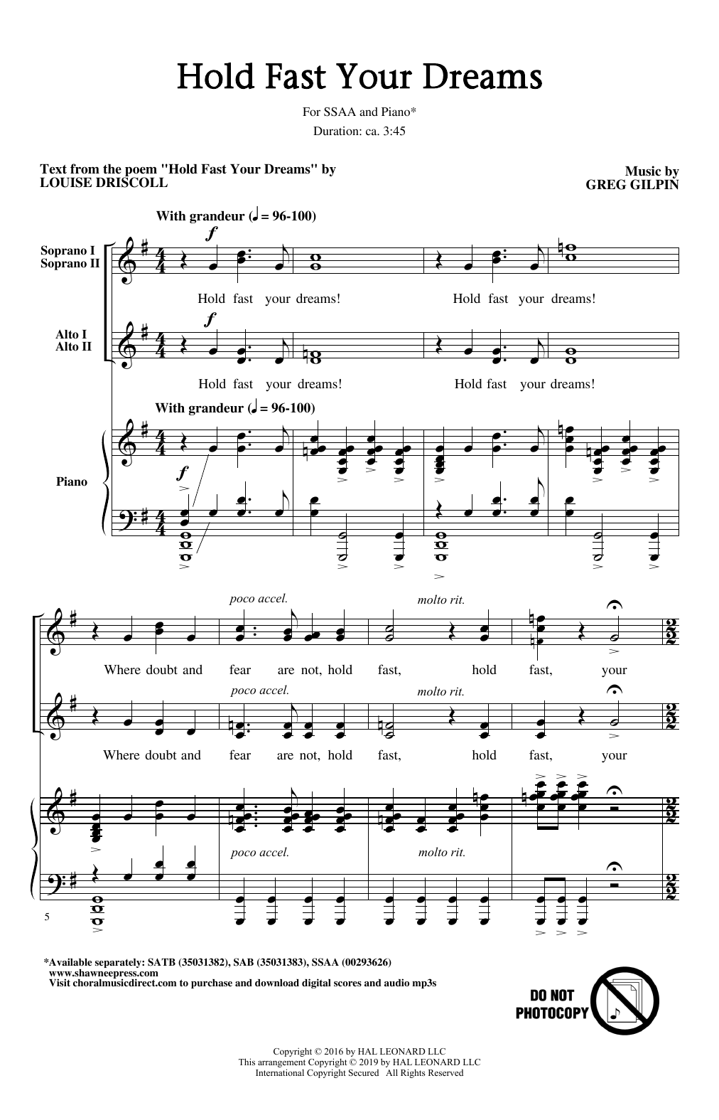 Preview Louise Driscoll and Greg Gilpin Hold Fast Your Dreams! Concert sheet music, notes and chords for SATB, SKU: 177397 Hold Fast Your Dreams! sheet music