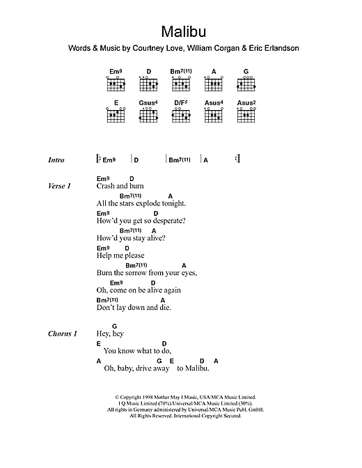 Hole Malibu Sheet Music Notes & Chords for Lyrics & Chords - Download or Print PDF