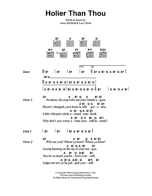 Preview Metallica Holier Than Thou Pop sheet music, notes and chords for Bass Guitar Tab, SKU: 170679 sheet music, piano notes, chords, guitar tabs, score, transpose, transcribe, how to play, guide, download, learn, tutorial, progression, song, artist, awards, billboard, mtv, vh1, tour, single, album, release