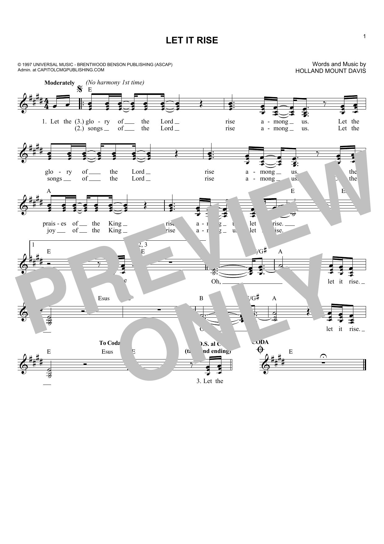 Holland Mount Davis Let It Rise Sheet Music Notes & Chords for Melody Line, Lyrics & Chords - Download or Print PDF