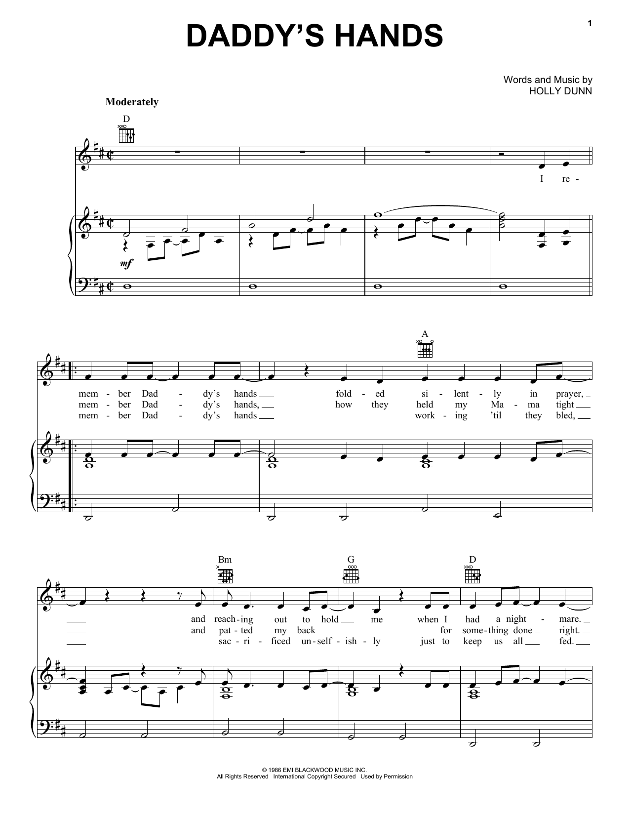 Holly Dunn Daddy's Hands sheet music notes and chords. Download Printable PDF.