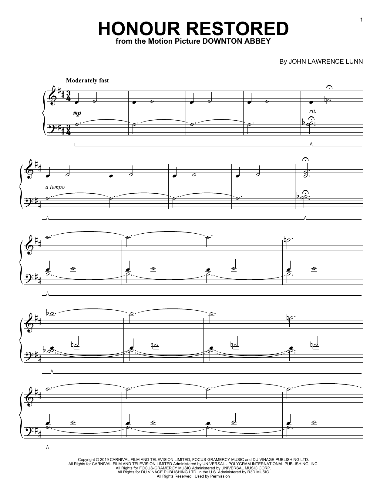 John Lunn Honour Restored From The Motion Picture Downton Abbey Sheet Music Download Pdf Score 443646