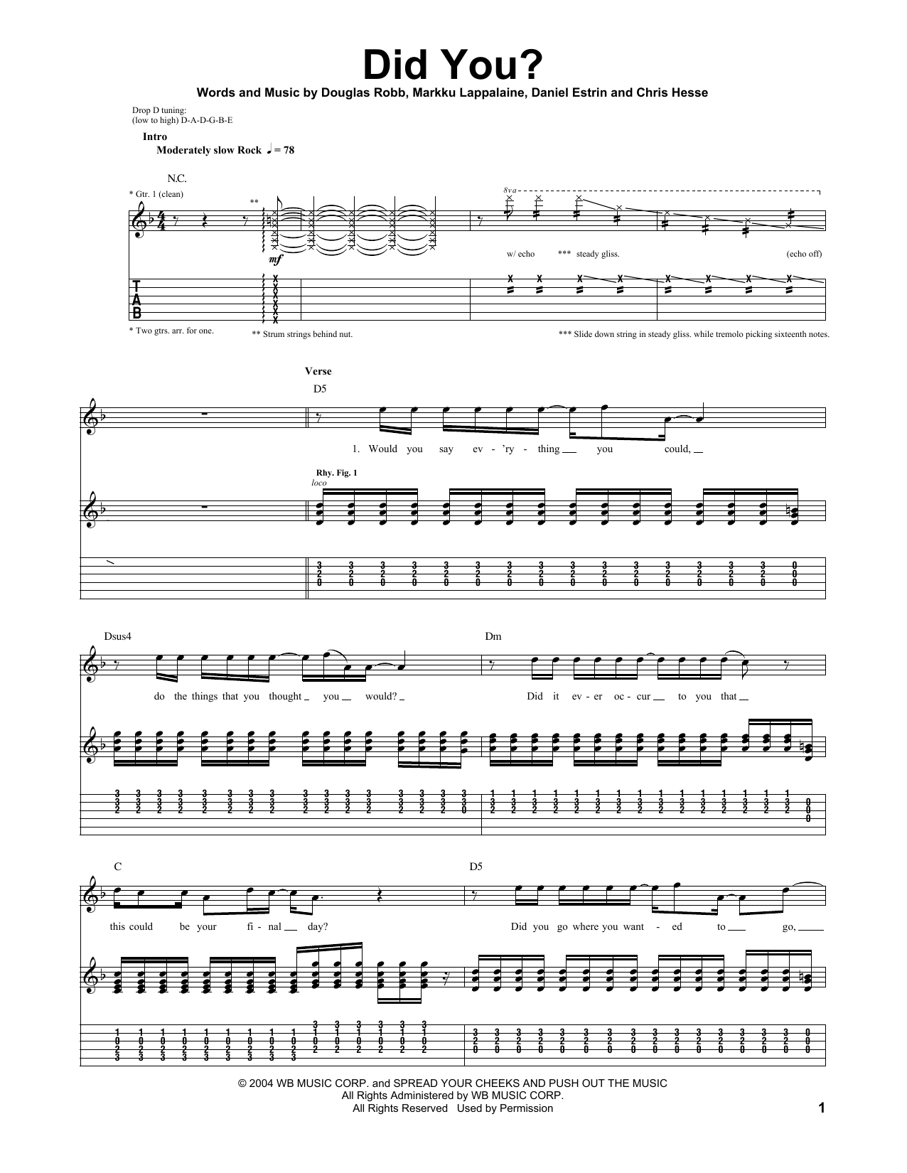 Hoobastank Did You? Sheet Music Notes & Chords for Guitar Tab - Download or Print PDF