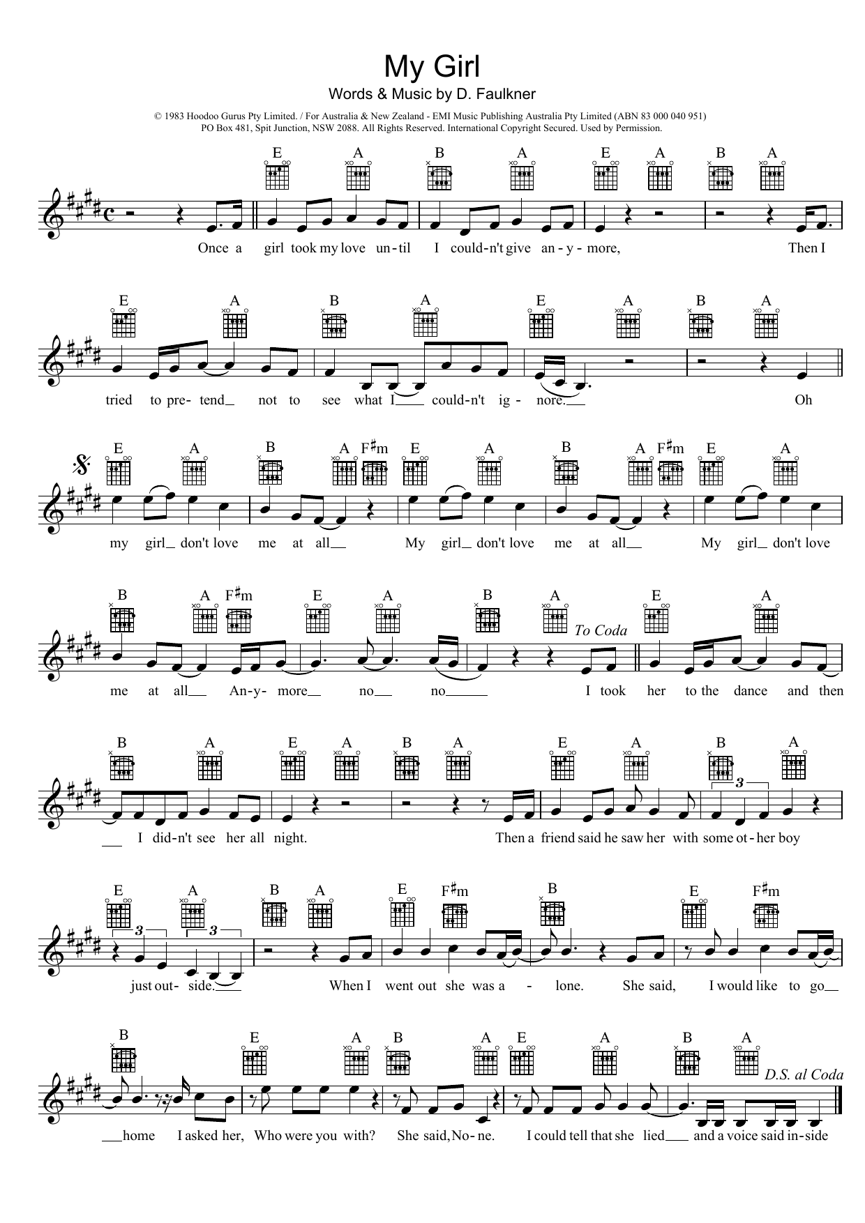 Hoodoo Gurus My Girl Sheet Music Notes & Chords for Melody Line, Lyrics & Chords - Download or Print PDF
