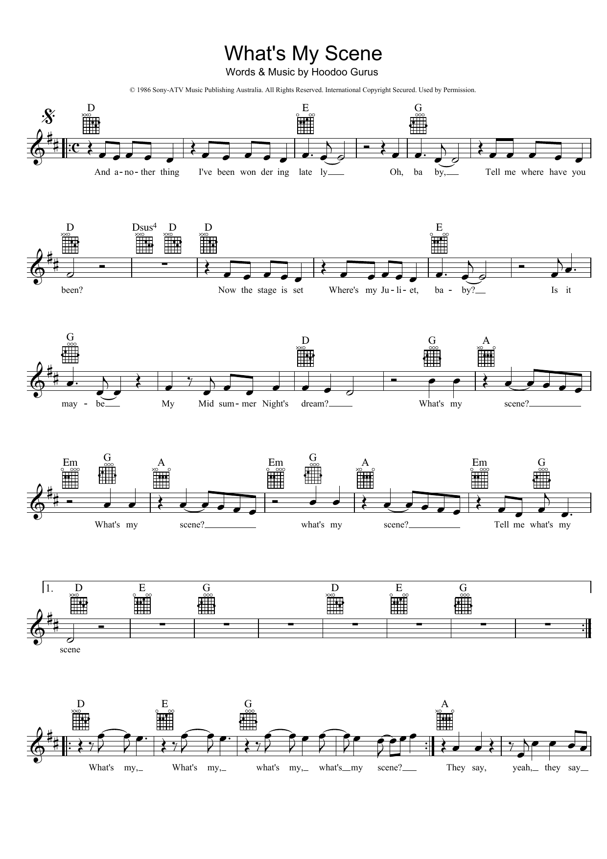 Hoodoo Gurus What's My Scene Sheet Music Notes & Chords for Melody Line, Lyrics & Chords - Download or Print PDF