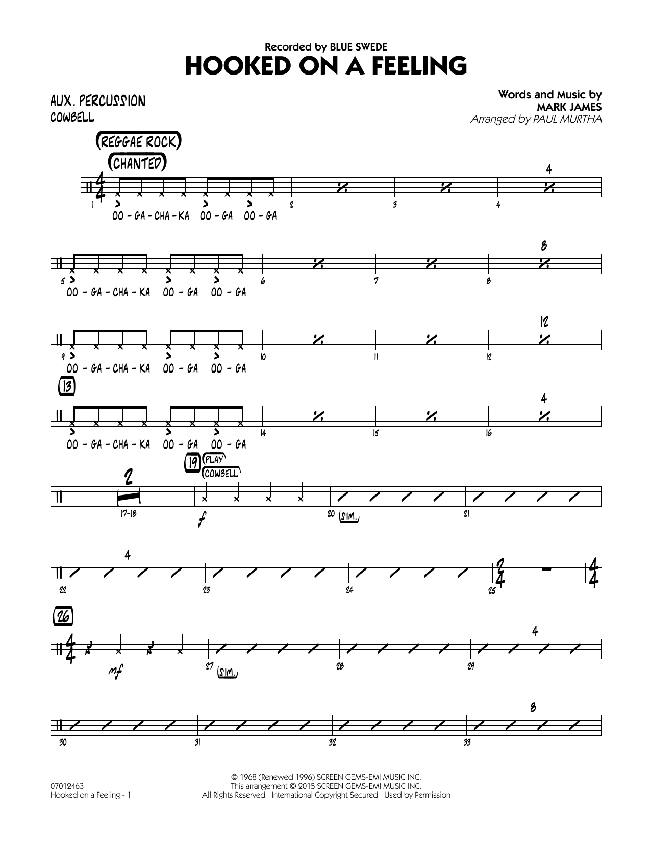 Paul Murtha Hooked On A Feeling Aux Percussion Sheet Music Download Pdf Score 336314