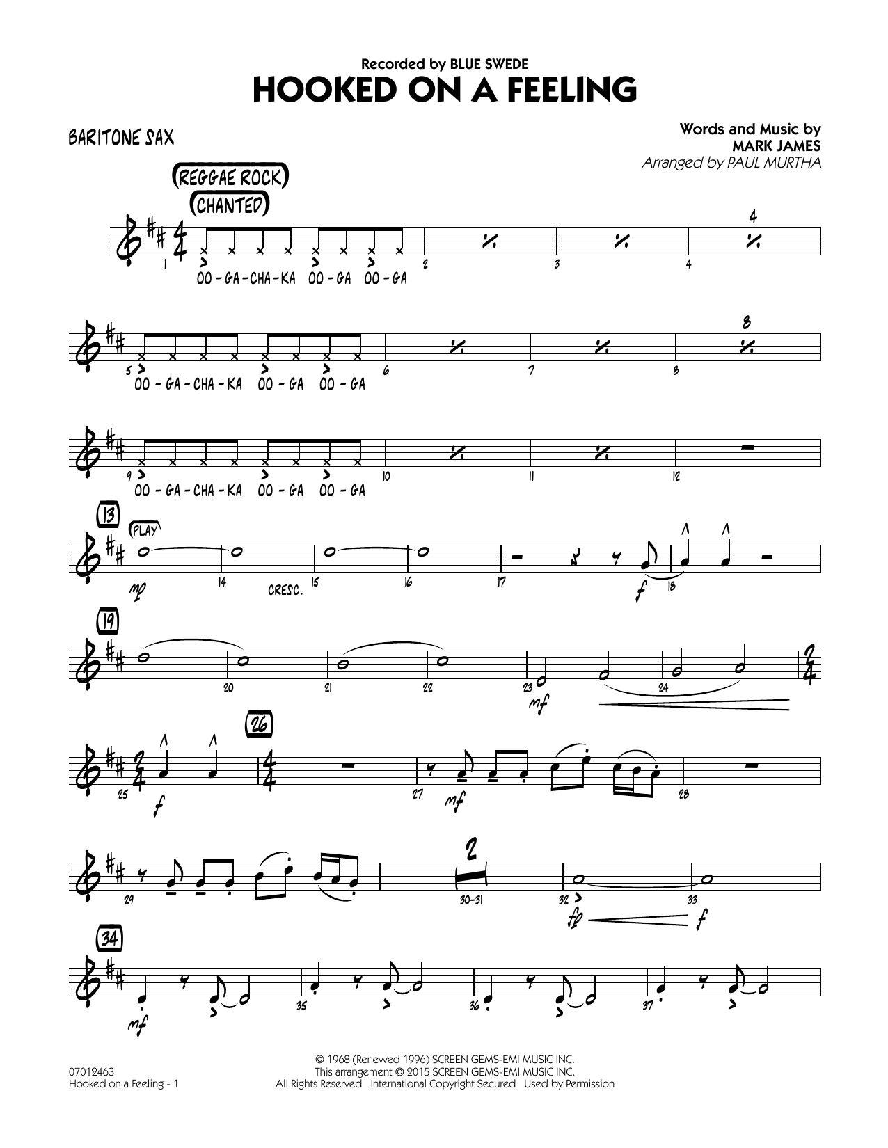 Paul Murtha Hooked On A Feeling Baritone Sax Sheet Music Download Pdf Score 336301