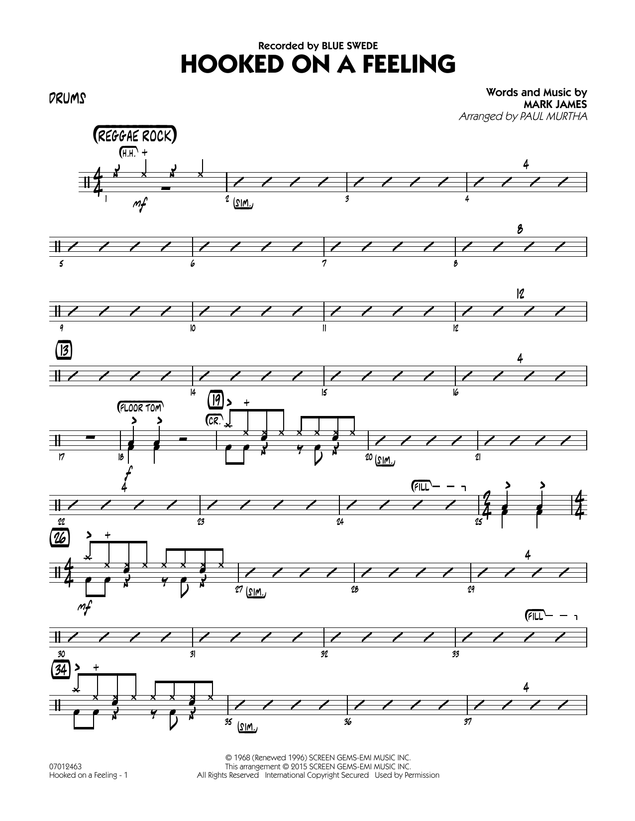 Paul Murtha Hooked On A Feeling Drums Sheet Music Download Pdf Score 336313