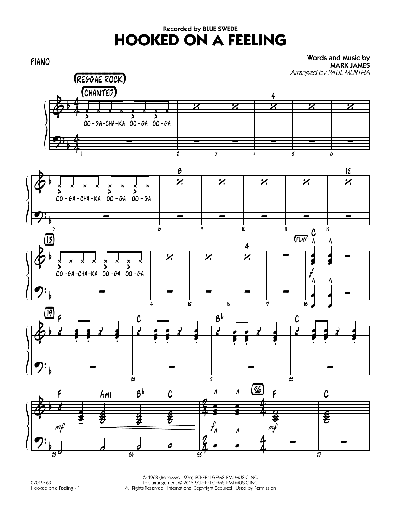 Paul Murtha Hooked On A Feeling Piano Sheet Music Download Pdf Score 336311