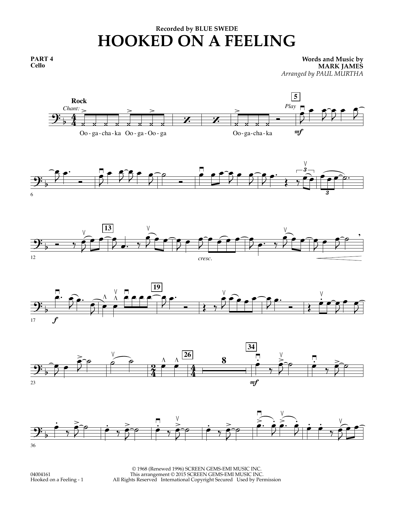 Paul Murtha Hooked On A Feeling Pt 4 Cello Sheet Music Download Pdf Score 336125