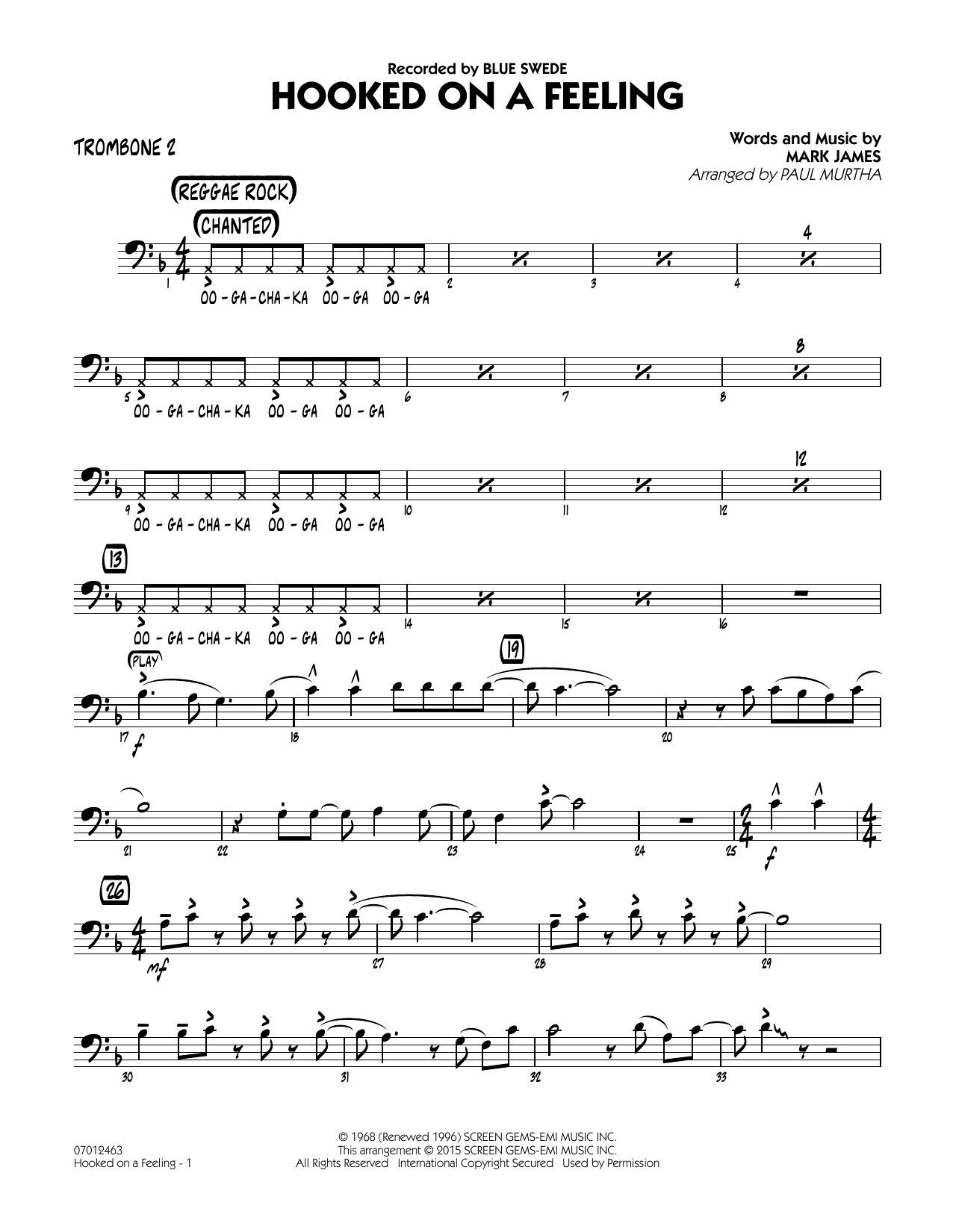 Paul Murtha Hooked On A Feeling Trombone 2 Sheet Music Download Pdf Score 336307