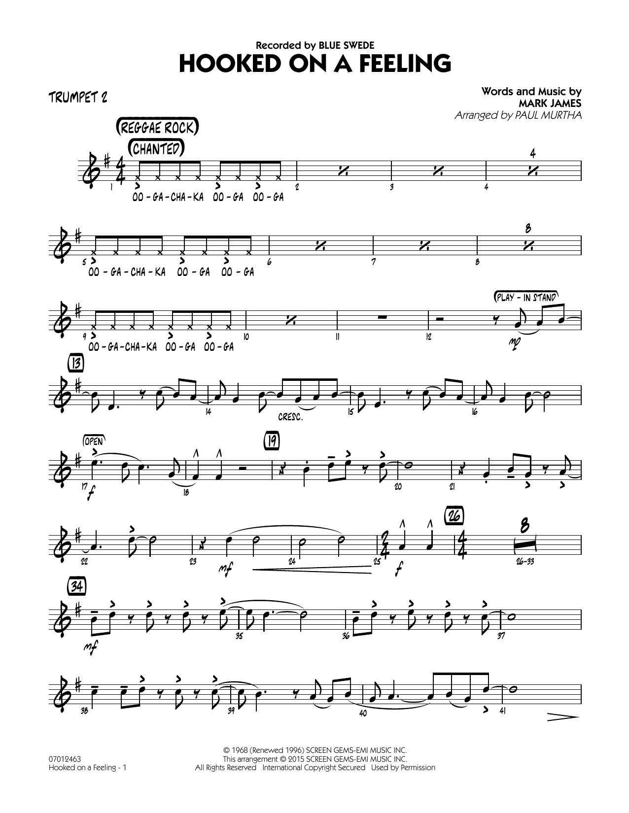Paul Murtha Hooked On A Feeling Trumpet 2 Sheet Music Download Pdf Score 336303