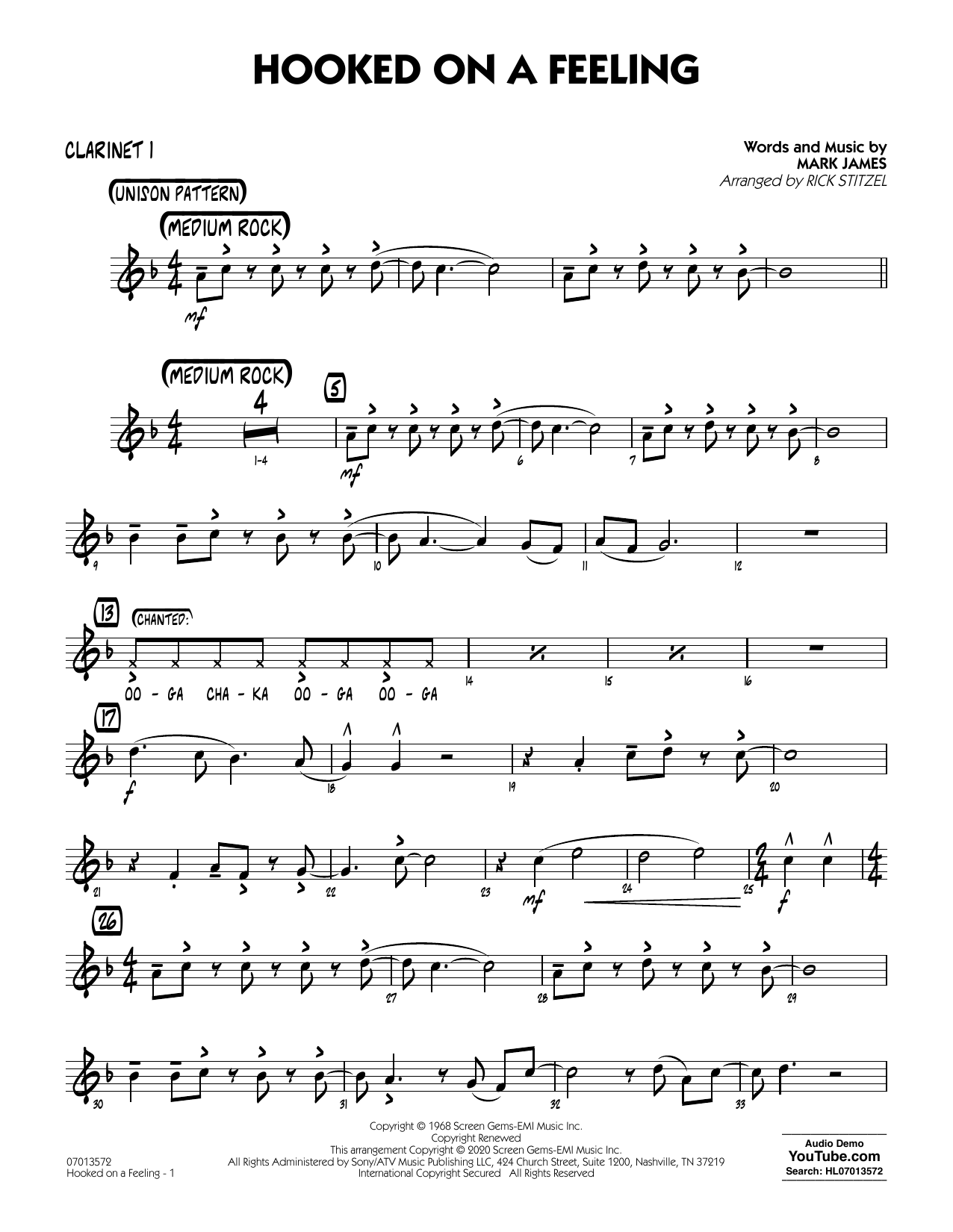 Blue Swede Hooked On A Feeling Arr Rick Stitzel Bb Clarinet 1 Sheet Music Download Pdf Score 434048
