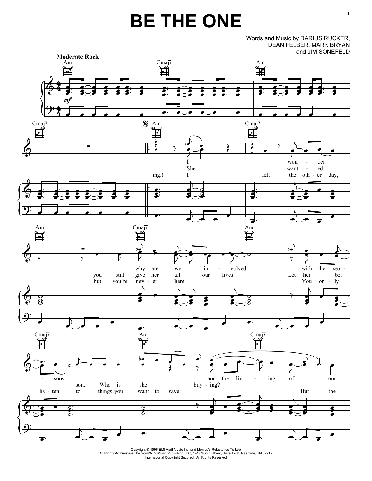 Hootie & The Blowfish Be The One Sheet Music Notes & Chords for Piano, Vocal & Guitar (Right-Hand Melody) - Download or Print PDF