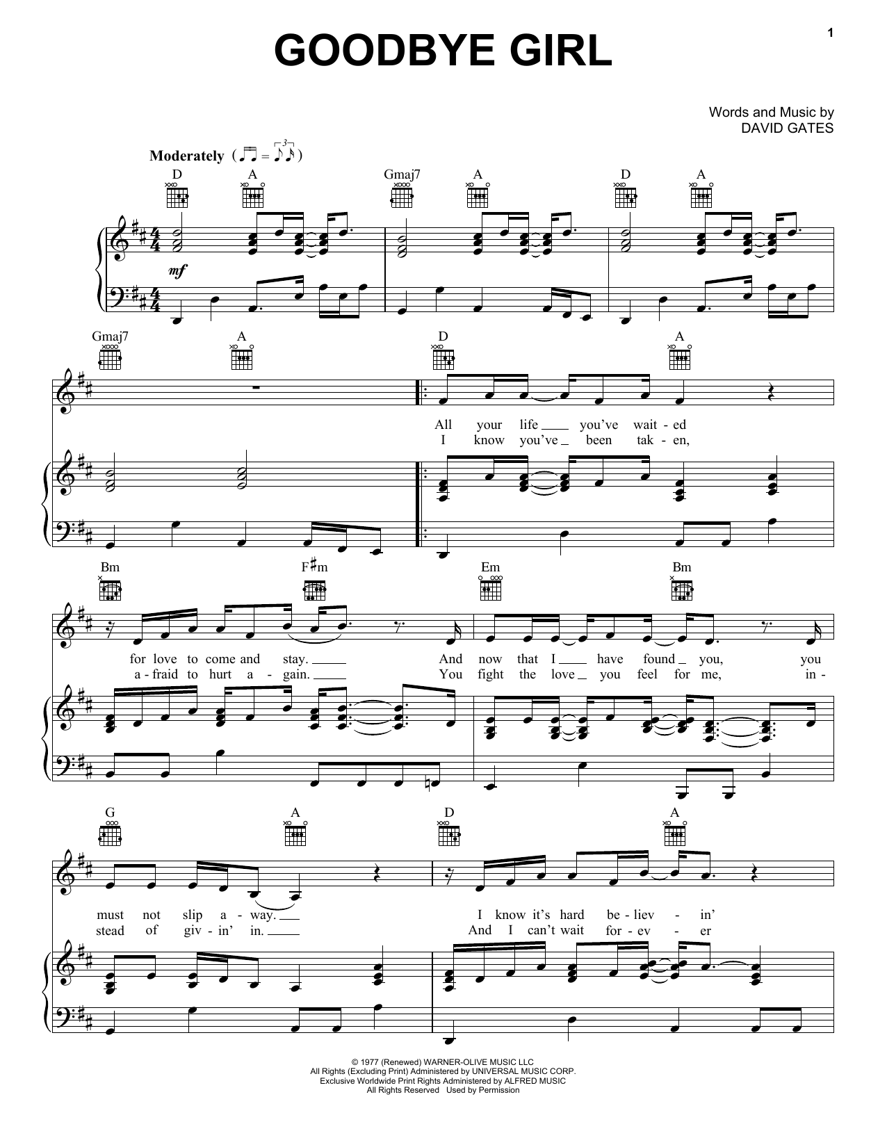 Hootie & The Blowfish Goodbye Girl Sheet Music Notes & Chords for Piano, Vocal & Guitar (Right-Hand Melody) - Download or Print PDF
