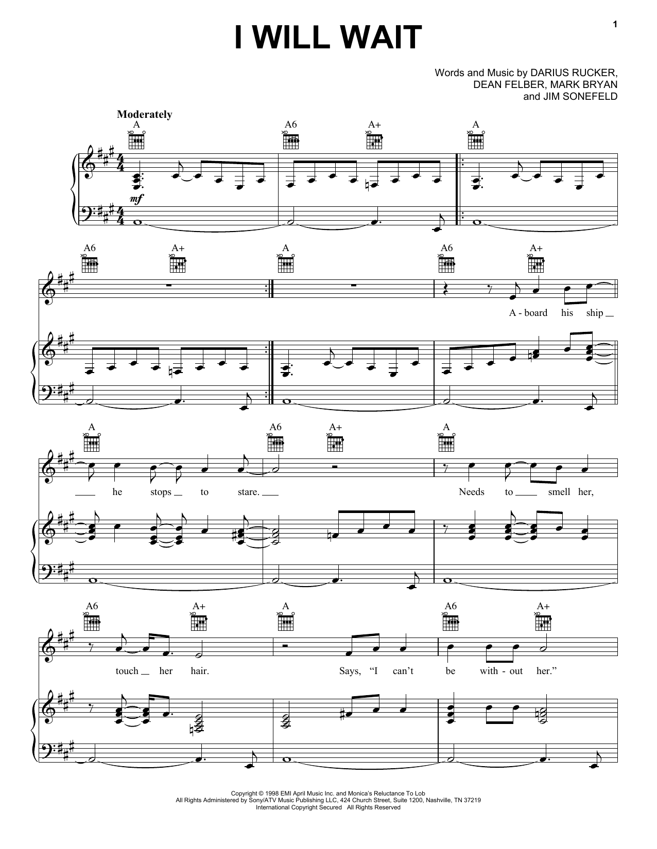 Hootie & The Blowfish I Will Wait Sheet Music Notes & Chords for Piano, Vocal & Guitar (Right-Hand Melody) - Download or Print PDF