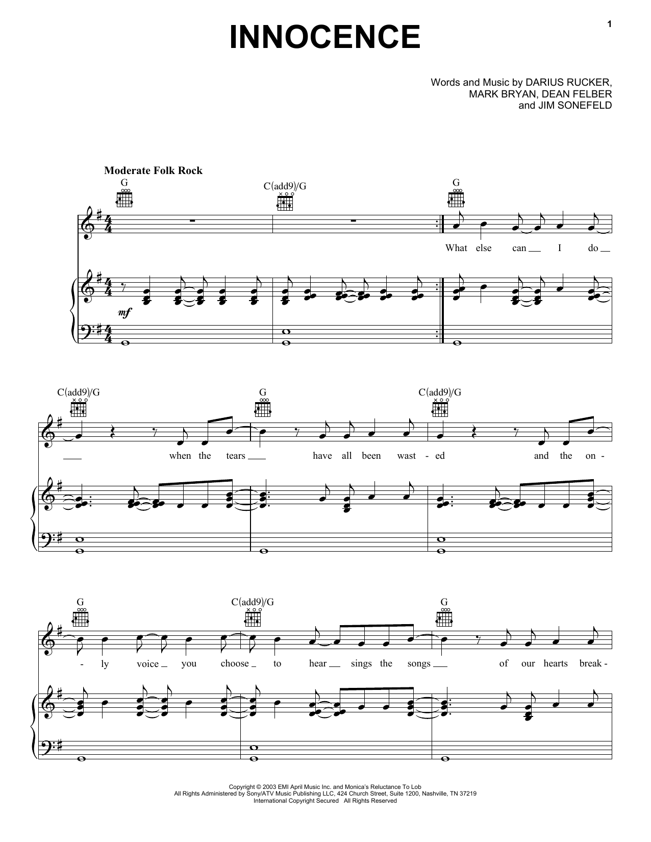 Hootie & The Blowfish Innocence Sheet Music Notes & Chords for Piano, Vocal & Guitar (Right-Hand Melody) - Download or Print PDF