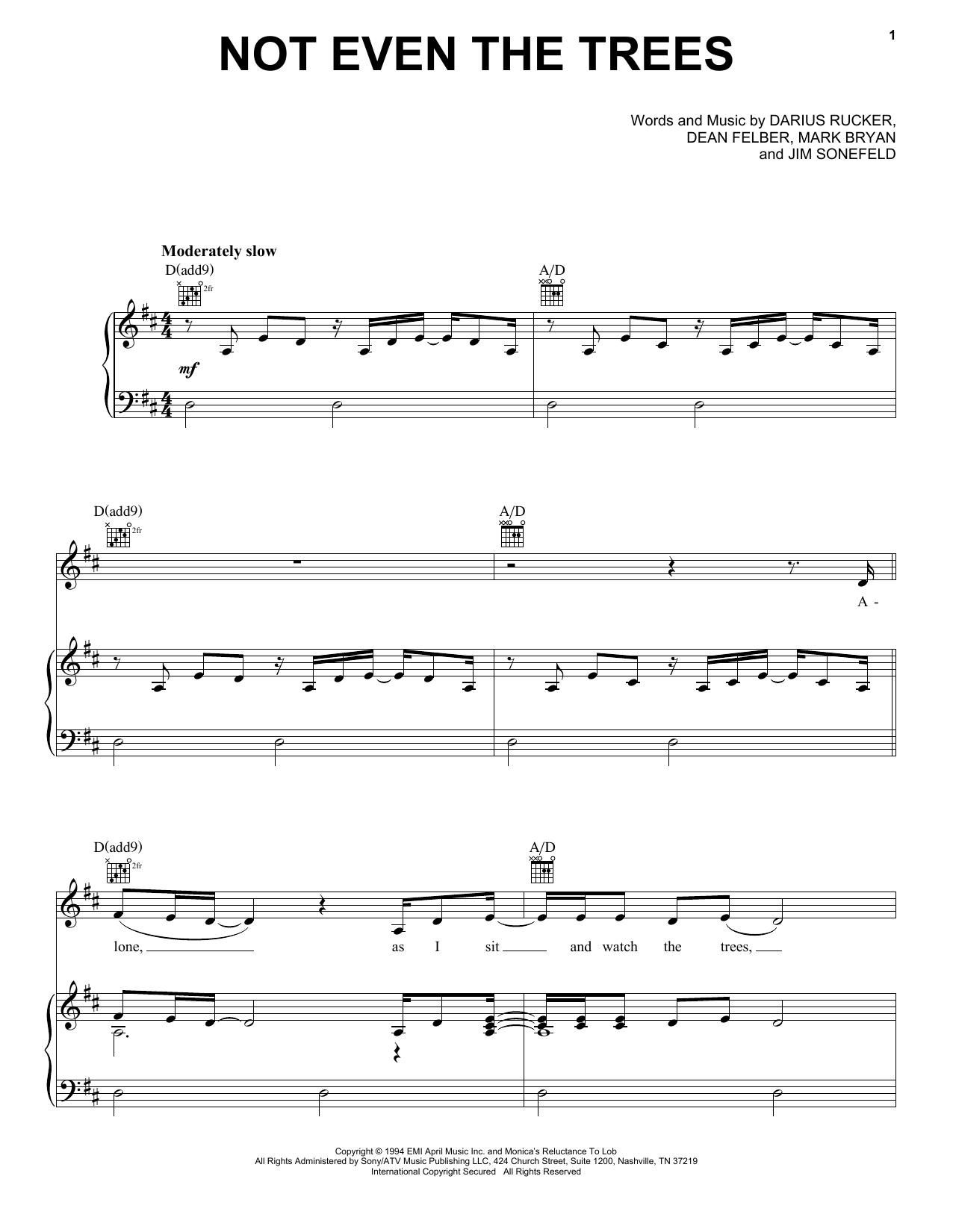 Hootie & The Blowfish Not Even The Trees Sheet Music Notes & Chords for Piano, Vocal & Guitar (Right-Hand Melody) - Download or Print PDF