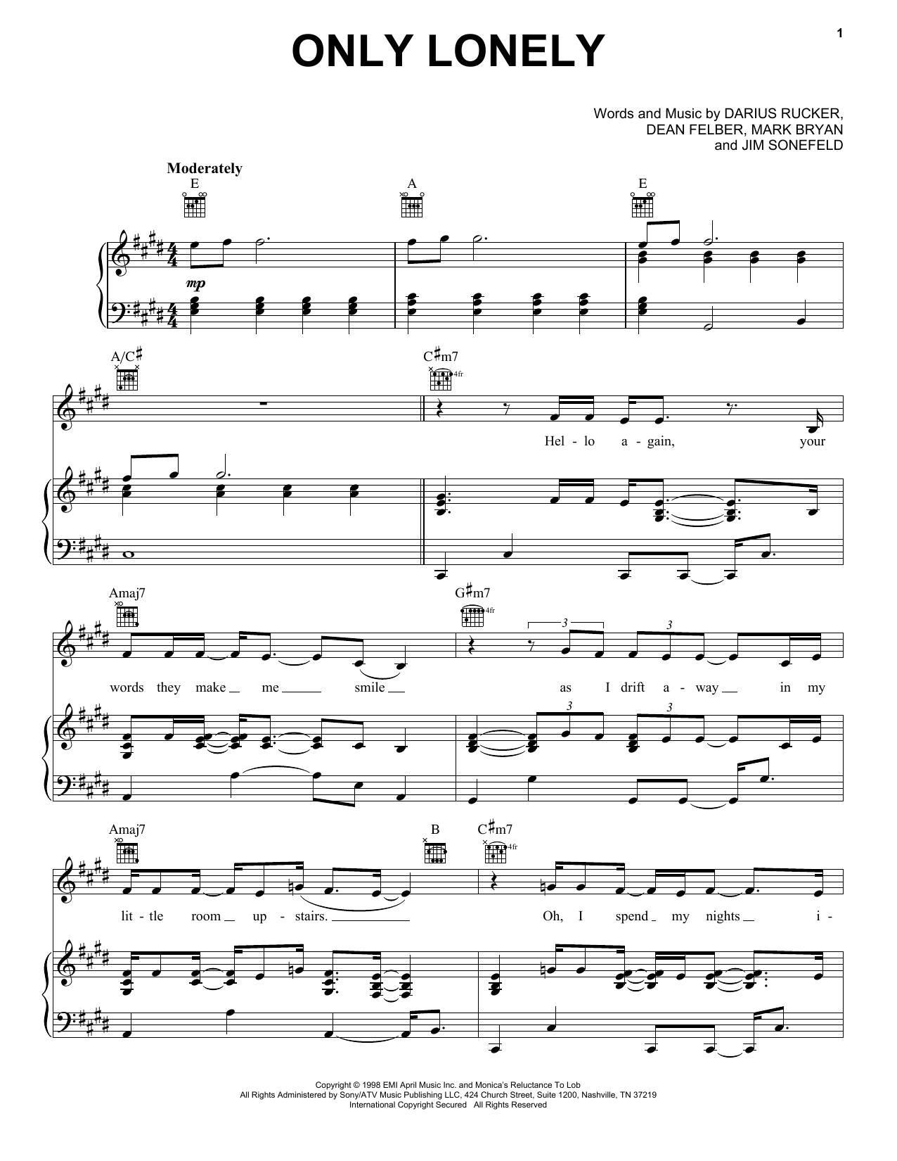 Hootie & The Blowfish Only Lonely Sheet Music Notes & Chords for Piano, Vocal & Guitar (Right-Hand Melody) - Download or Print PDF