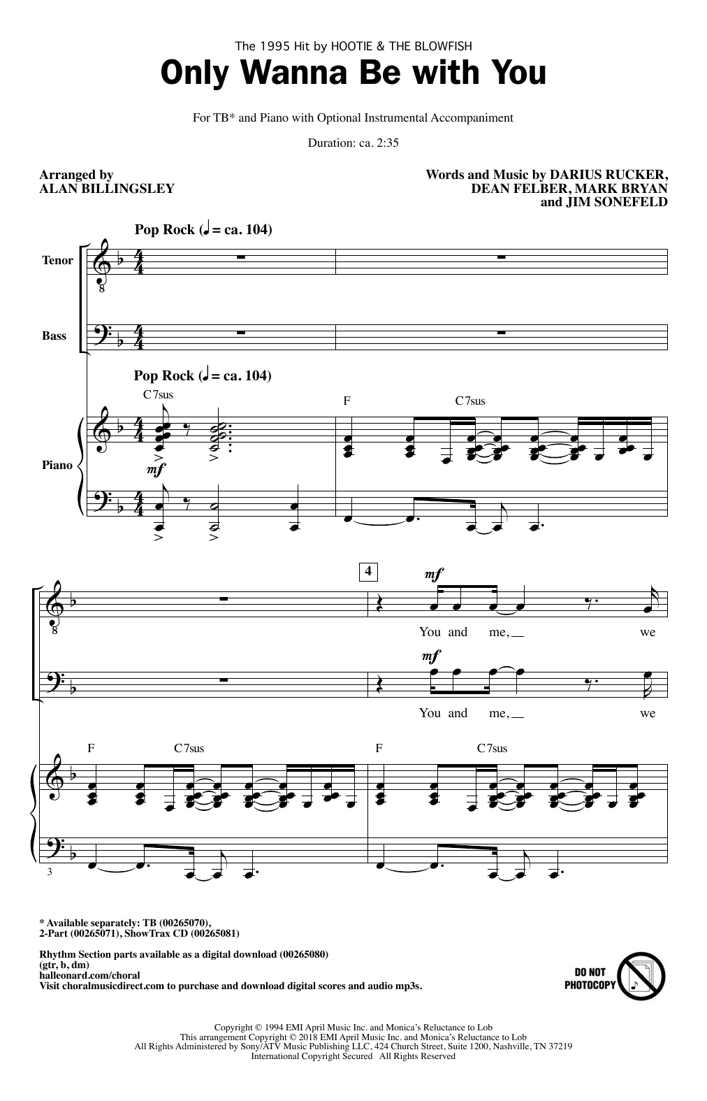 Hootie & The Blowfish Only Wanna Be With You (arr. Alan Billingsley) Sheet Music Notes & Chords for 2-Part Choir - Download or Print PDF