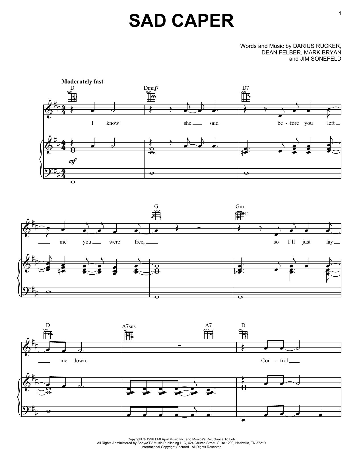Hootie & The Blowfish Sad Caper Sheet Music Notes & Chords for Piano, Vocal & Guitar (Right-Hand Melody) - Download or Print PDF