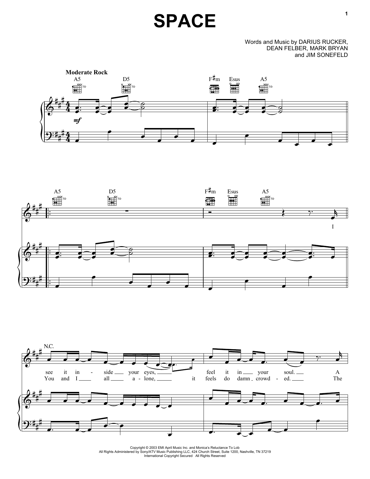 Hootie & The Blowfish Space Sheet Music Notes & Chords for Piano, Vocal & Guitar (Right-Hand Melody) - Download or Print PDF