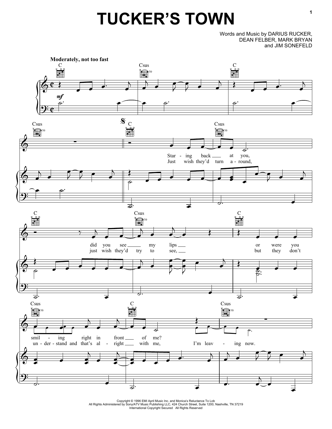 Hootie & The Blowfish Tucker's Town Sheet Music Notes & Chords for Piano, Vocal & Guitar (Right-Hand Melody) - Download or Print PDF