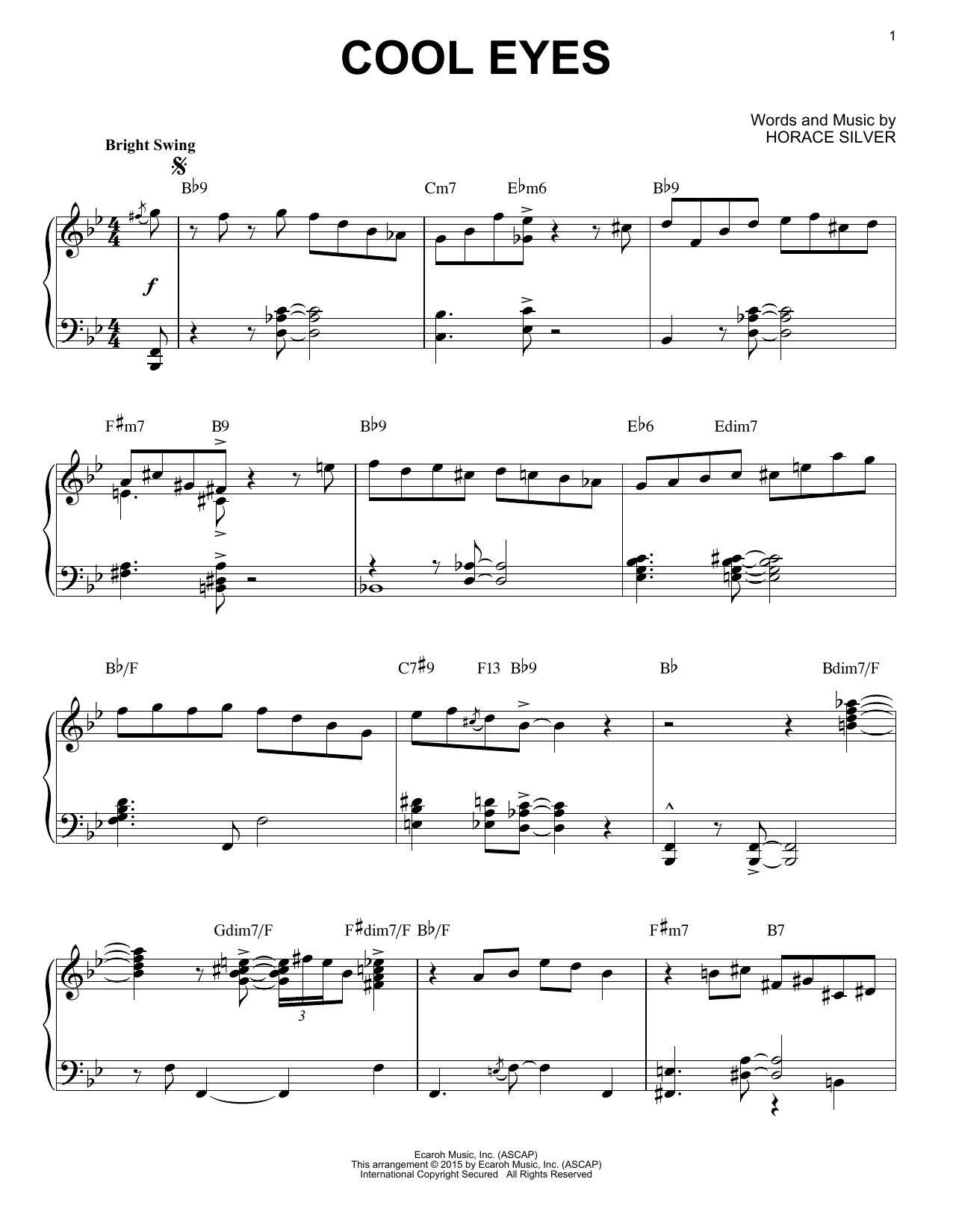Horace Silver Cool Eyes (arr. Brent Edstrom) Sheet Music Notes & Chords for Piano Solo - Download or Print PDF
