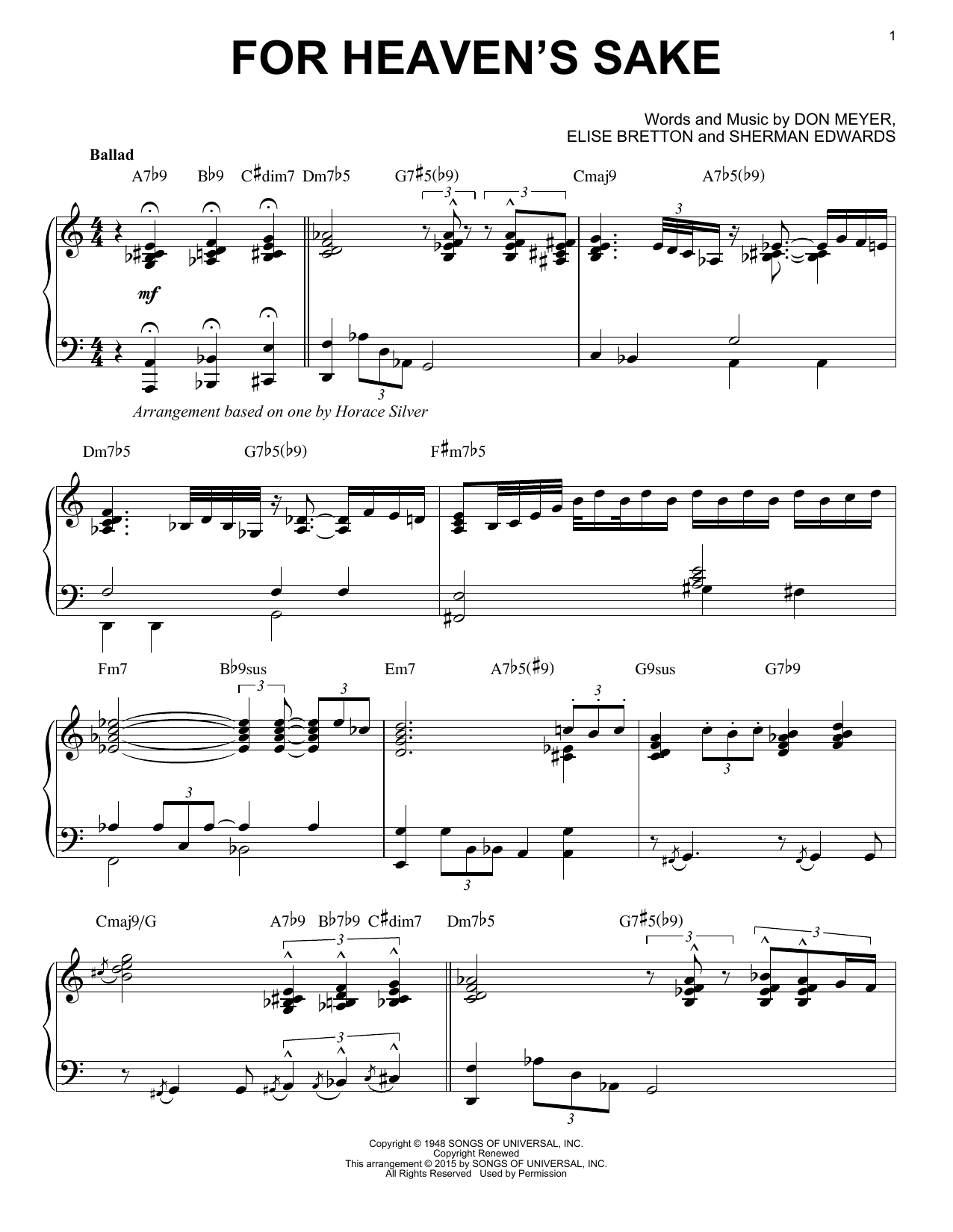 Horace Silver For Heaven's Sake (arr. Brent Edstrom) Sheet Music Notes & Chords for Piano - Download or Print PDF