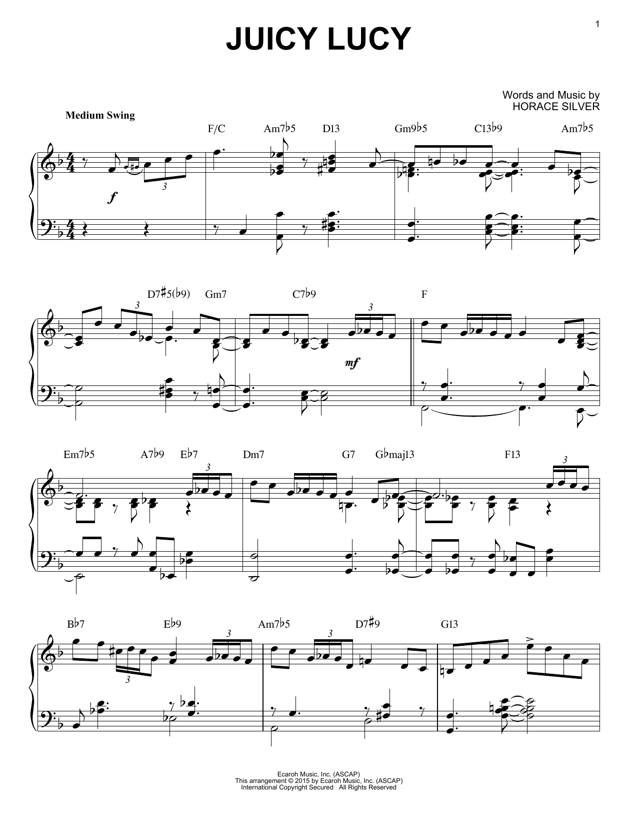 Horace Silver Juicy Lucy (arr. Brent Edstrom) Sheet Music Notes & Chords for Piano Solo - Download or Print PDF