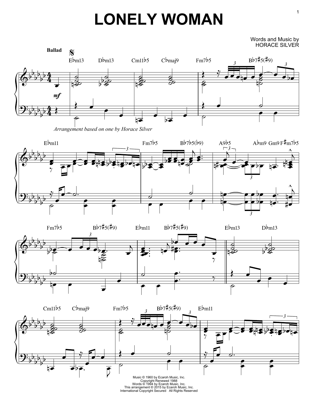 Horace Silver Lonely Woman (arr. Brent Edstrom) Sheet Music Notes & Chords for Piano Solo - Download or Print PDF