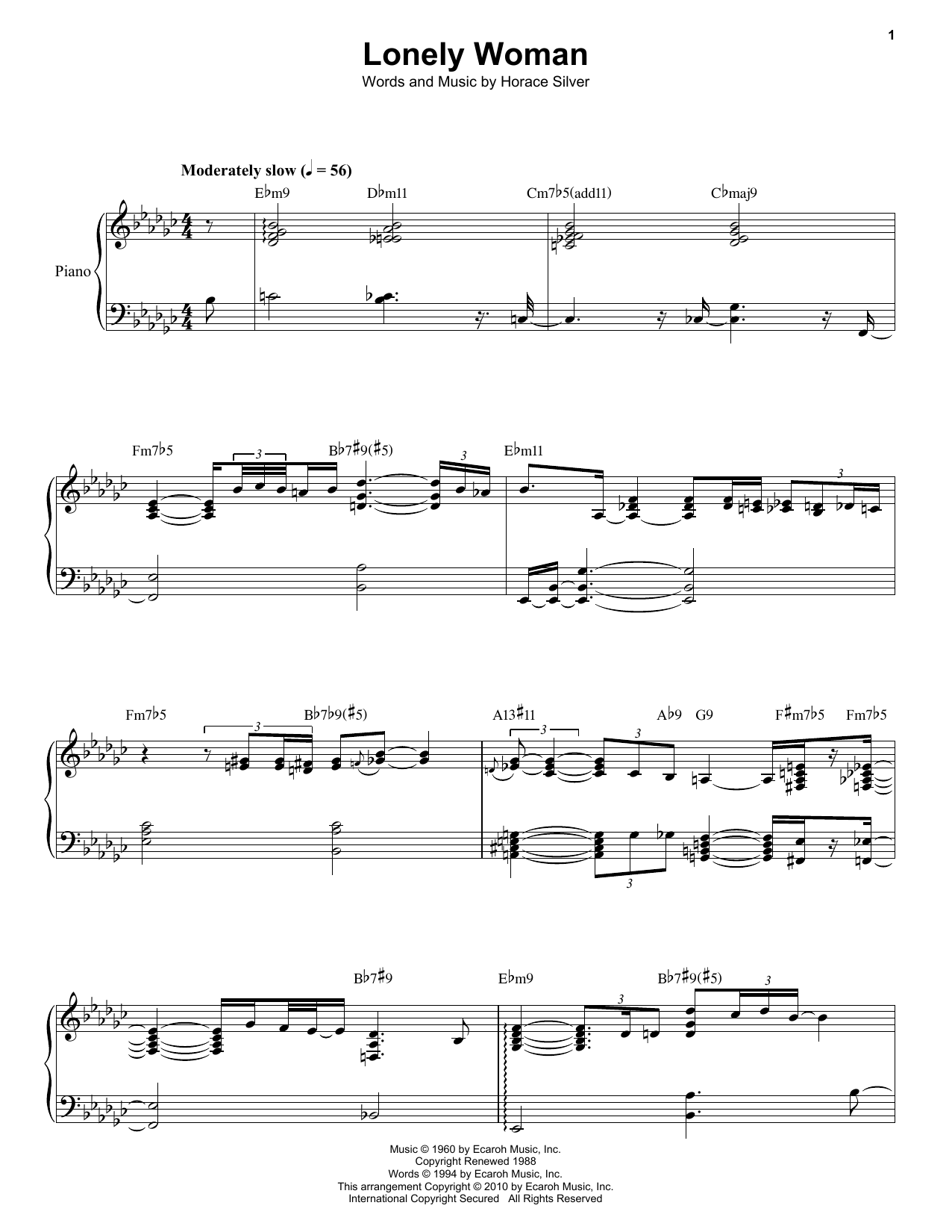 Horace Silver Lonely Woman Sheet Music Notes & Chords for Piano & Vocal - Download or Print PDF