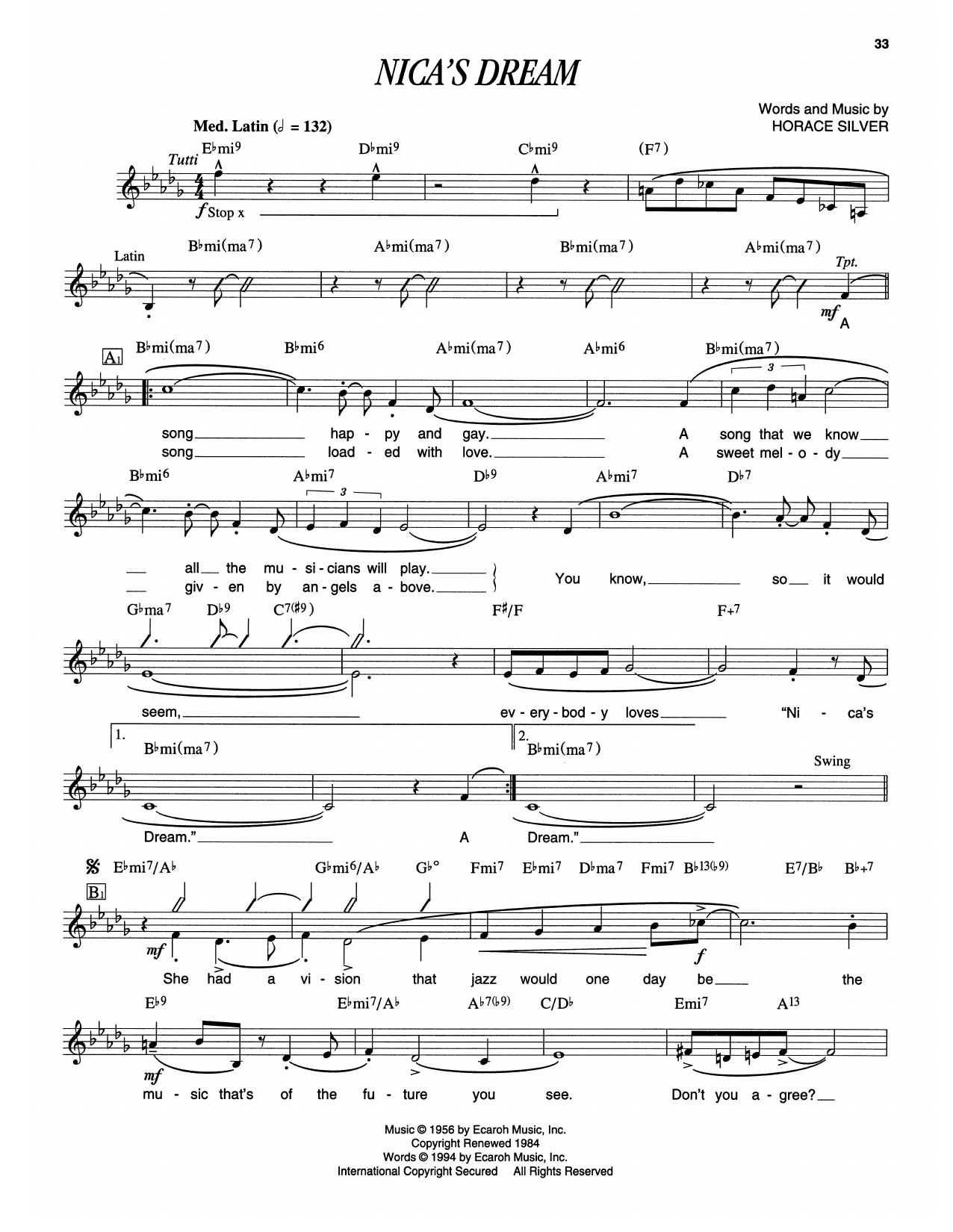 Horace Silver Nica's Dream Sheet Music Notes & Chords for Piano Transcription - Download or Print PDF