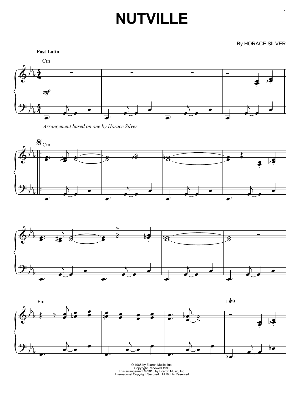 Horace Silver Nutville (arr. Brent Edstrom) Sheet Music Notes & Chords for Piano Solo - Download or Print PDF