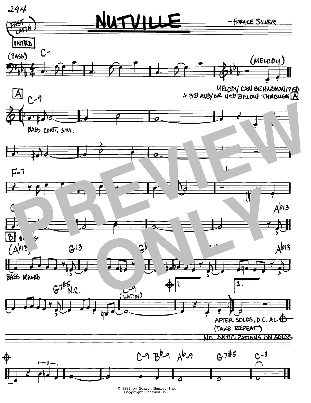 Horace Silver Nutville Sheet Music Notes & Chords for Real Book – Melody & Chords – C Instruments - Download or Print PDF