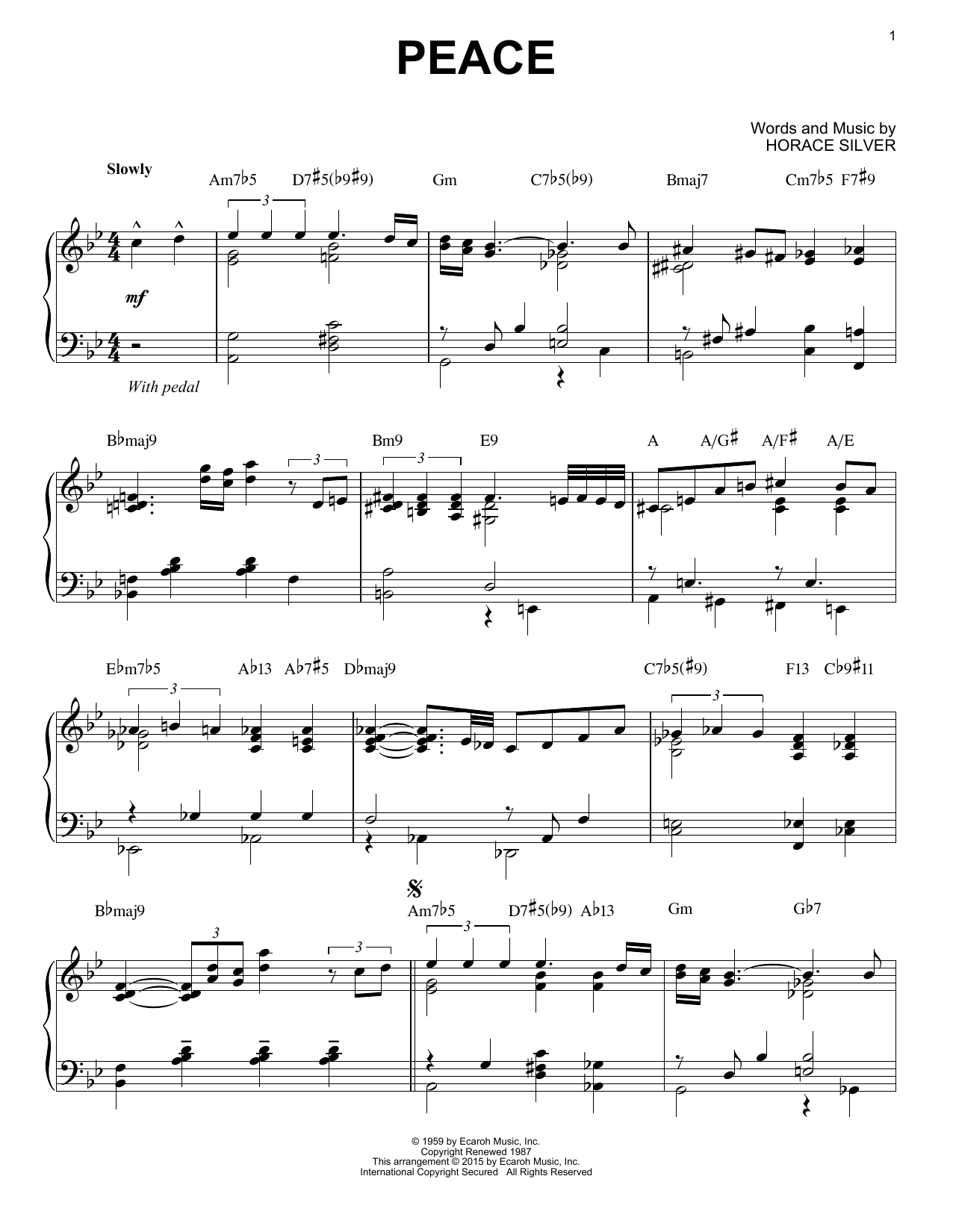 Horace Silver Peace (arr. Brent Edstrom) Sheet Music Notes & Chords for Piano Solo - Download or Print PDF