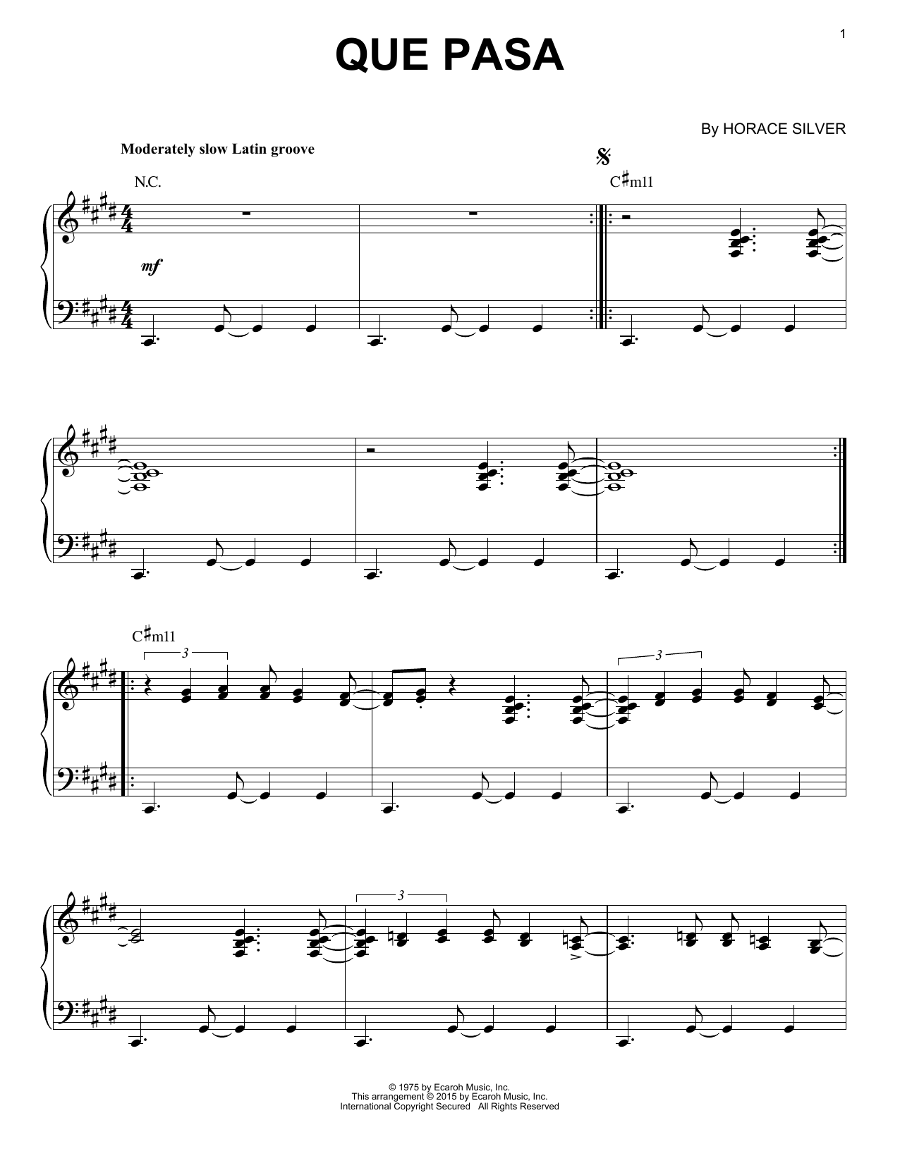 Horace Silver Que Pasa (arr. Brent Edstrom) Sheet Music Notes & Chords for Piano Solo - Download or Print PDF