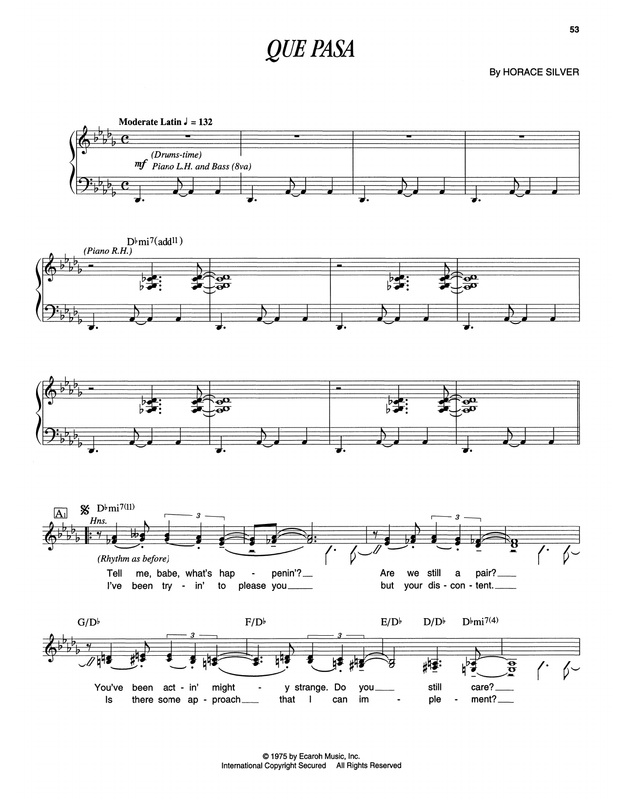 Horace Silver Que Pasa Sheet Music Notes & Chords for Piano Transcription - Download or Print PDF