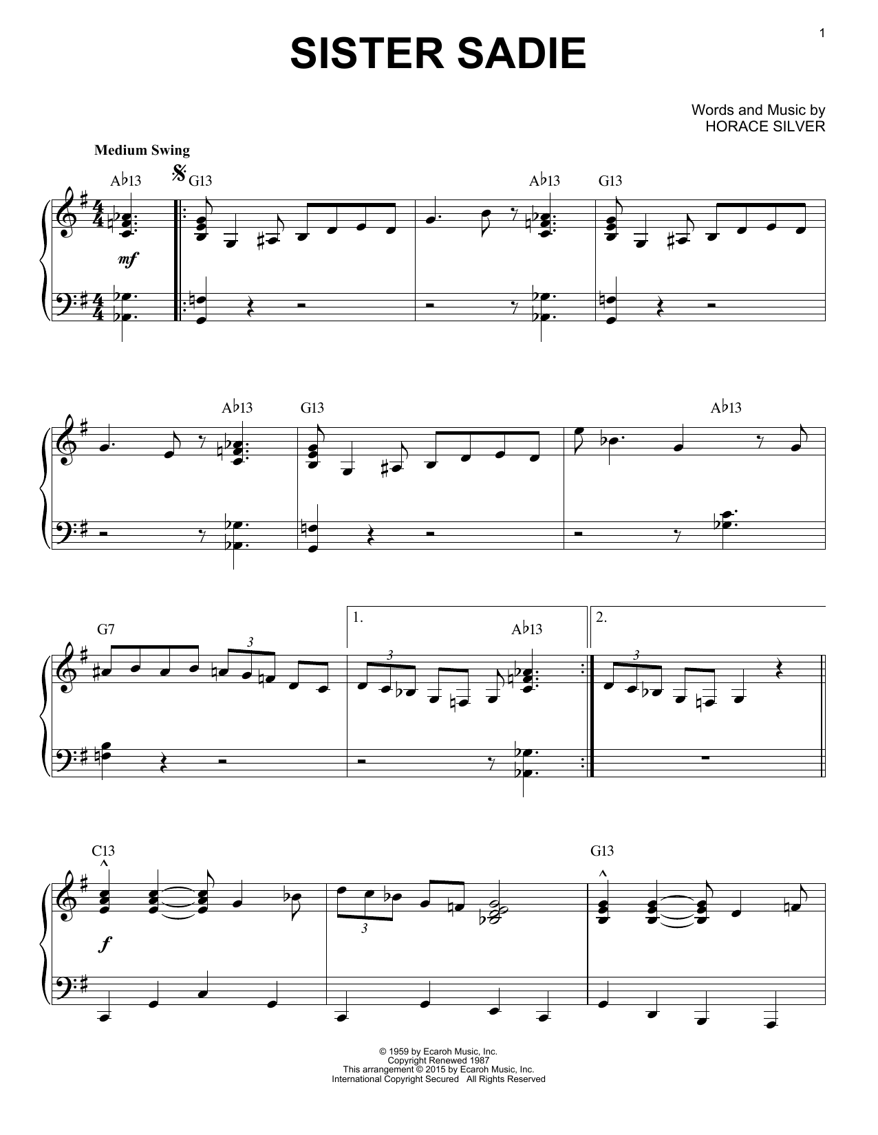 Horace Silver Sister Sadie (arr. Brent Edstrom) Sheet Music Notes & Chords for Piano Solo - Download or Print PDF