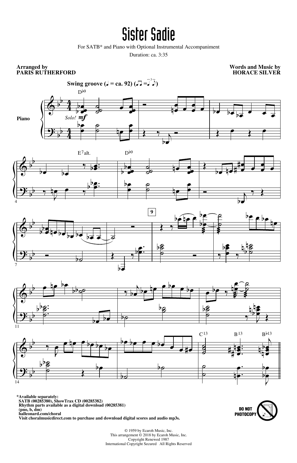Horace Silver Sister Sadie (arr. Paris Rutherford) Sheet Music Notes & Chords for SATB - Download or Print PDF
